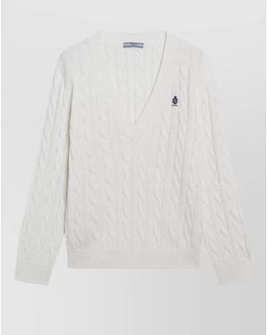 Prada Cable Knit V Neck Wool Sweater - White
