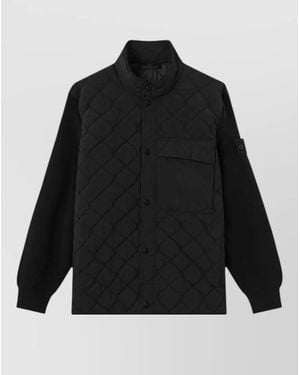 Stone Island Quilted Jacket High Neck Ribbed Sleeves - Black