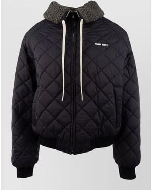 Miu Miu Down Jacket Shearling Collar Ribbed Cuffs - Black