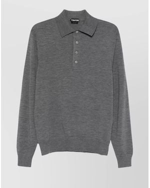 Tom Ford Fine Knit Long Sleeve Polo Shirt - Gray