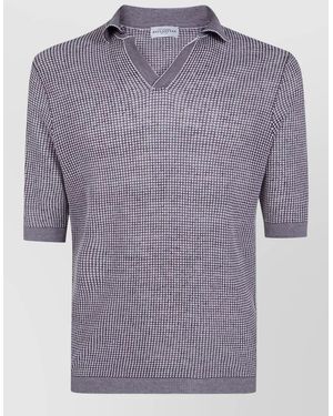 Ballantyne Checked Knit Polo Short Sleeve V Neck - Purple