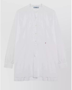 Prada Collarless Dress Long Sleeves Pleated Detail - White