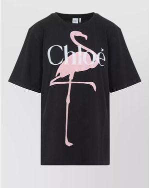 Chloé Cotton Oversized Flamingo-Print Logo-Print T-Shirt - Black