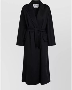 Max Mara Long Jacket Belted Waist Lapel Collar - Black