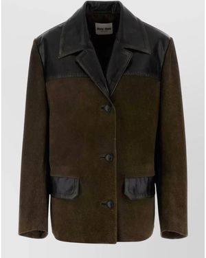 Miu Miu Suede Jacket Notch Lapel Long Sleeves - Black