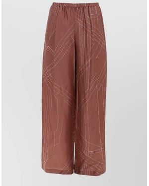 Alysi Silk Trousers Abstract Pattern Wide Leg - Brown