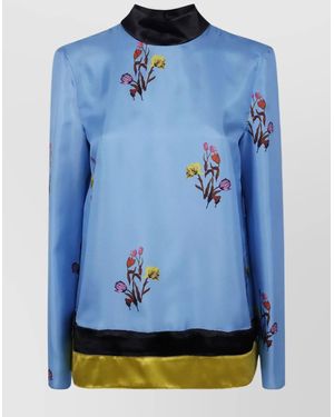 Marni Floral Satin Long Sleeve Top With Keyhole - Blue