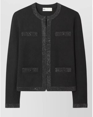Tory Burch Wool Cardigan Round Neck Sequin Detailing - Black