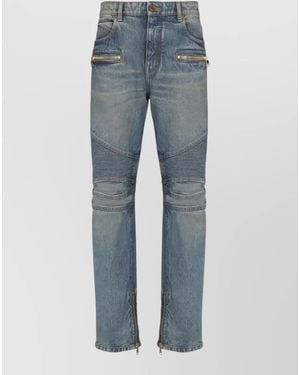 Balmain Straight Denim Jeans Belt Loops Ribbed Knees - Blue