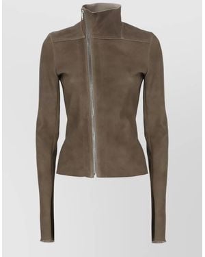 Rick Owens Fitted High Neck Leather Jacket Silhouette - Green