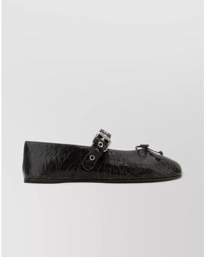 Miu Miu Leather Ballerinas With Bow Detail And Textured Finish - Black