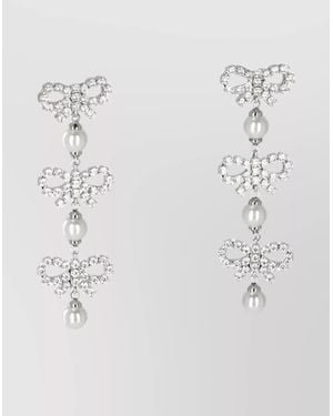 Self-Portrait Beaded Bow Brass Crystal Drop Pearl - White