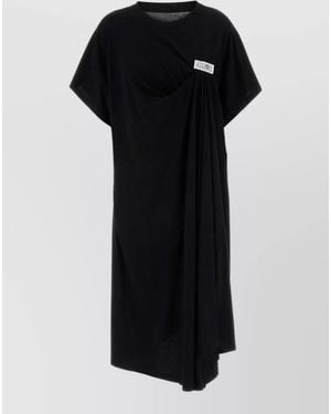 MM6 by Maison Margiela Cotton Ruched Logo Appliqué Asymmetric Hem T-Shirt Dress - Black