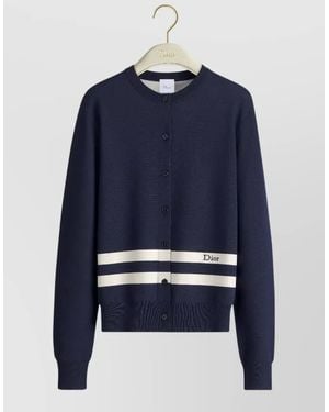Dior Knit Cardigan Striped Pattern Ribbed Cuffs Hem - Blue