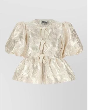 Ganni Peplum Blouse Bow Detail Floral Texture - Natural