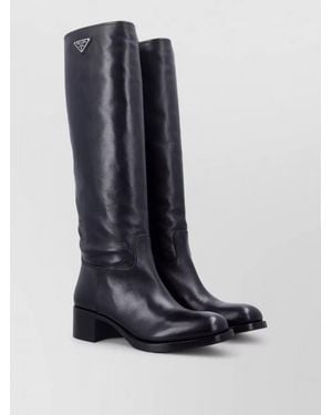 Prada Tall Leather Logo Boots Low Heel - Blue