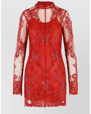Blumarine Short Lace Dress With Embroidery - Red