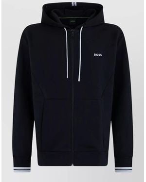 BOSS Hooded Zip Front Sweatshirt Cotton Blend - Blue