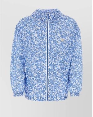 Prada Hooded Floral Nylon Windbreaker - Blue