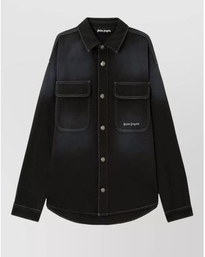 Palm Angels Denim Shirt Long Sleeves Chest Pockets Stitching - Black