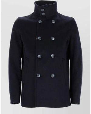 Herno Double Breasted Coat High Collar Pockets - Blue