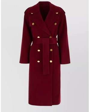 Alberta Ferretti Wool Blend Coat Belted Waist Epaulettes - Red