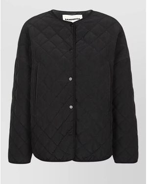 Sandbeige Quilted Short Jacket Mandarin Collar - Black
