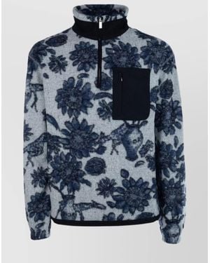Dior Pocketed Floral High Collar Long Sleeve Sweater - Blue