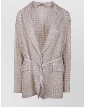 Brunello Cucinelli Longline Tailored Jacket Belted Sequin Lapels - Grey