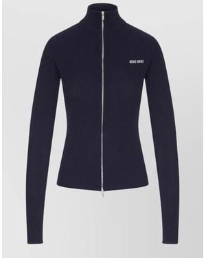 Miu Miu High Neck Long Sleeve Ribbed Knit Top - Blue