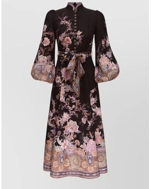 Zimmermann Luna Midi Dress Belted High Neck - Multicolour