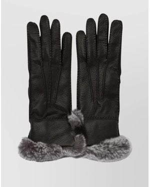Restelli Leather Gloves With Fur Trim And Elastic Wrist - Black