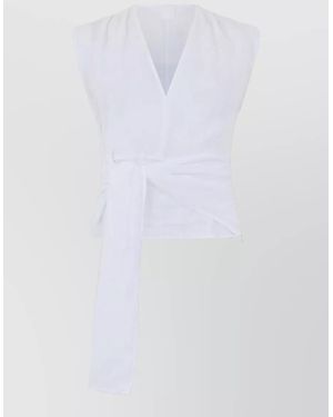 120% Lino Sleeveless Wrap Blouse Knot Detail - White