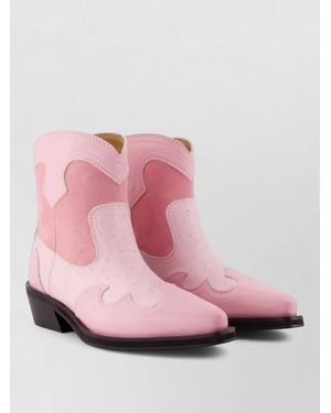 Ganni Western Mix Embroidered Mid Calf Boots - Pink