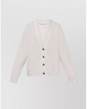 Palm Angels Long Sleeve V Neck Ribbed Knit Cardigan - Natural