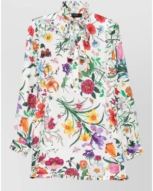 Gucci Floral Mini Dress High Neck Pussy Bow - Grey