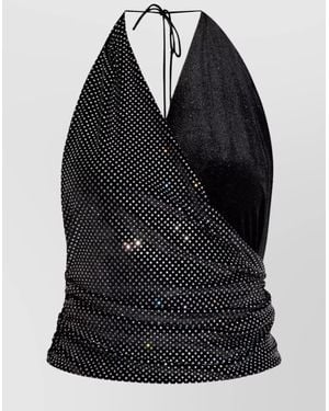Balmain Velvet Crystal Embellished Gathered Wrap Halterneck Top - Black