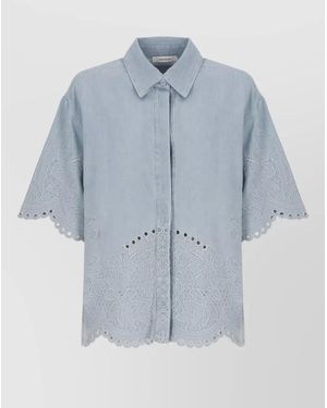 Zimmermann Denim Embroidered Short-Sleeve Shirt - Blue