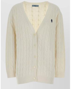 Prada Cotton Cardigan Cable Knit V Neck - Natural