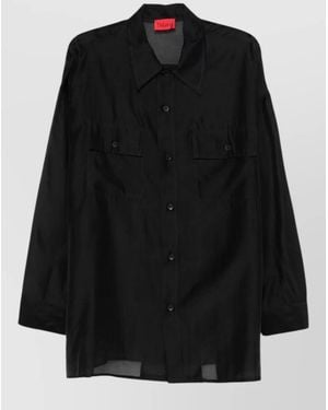 Thelatest Long Sleeve Shirt Chest Pockets Sheer - Black