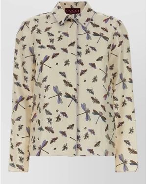Gucci Twill Shirt Featuring Insect Motif Long Sleeves - Natural