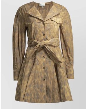 Ganni Animal Print Shirt Dress Belted Waist - Natural