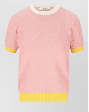 Fendi Silk Blend Ribbed Short-Sleeve Crewneck Knitted Top - Pink