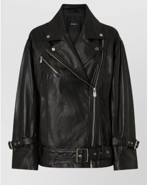 Pinko Jacket Silk Nylon Notched Lapels Zippered Pockets Belt - Black