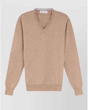 Brunello Cucinelli V Neck Knit Jumper Long Sleeves - Natural