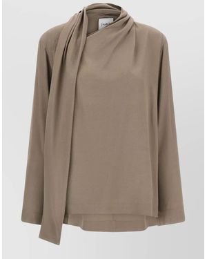 Nude Draped Asymmetric Blouse - Brown