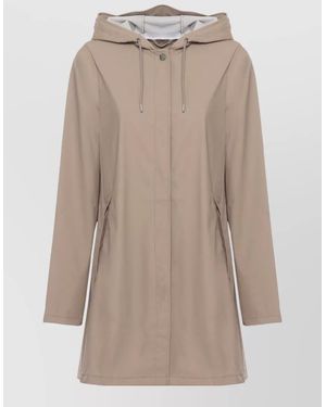 Rains Hooded Long Sleeve Raincoat Snap Button Cuffs - Natural