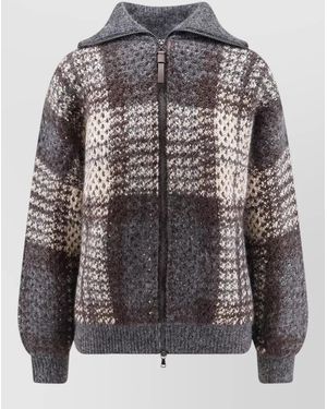 Brunello Cucinelli Checked Cashmere Mohair Silk Zip Cardigan - Grey