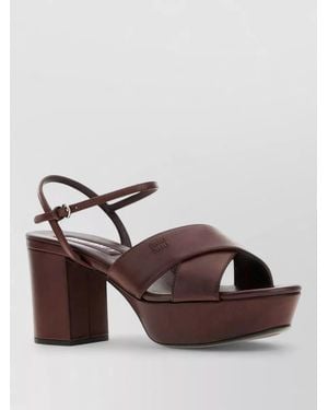 Miu Miu Leather Sandals Block Heel Open Toe Slingback Strappy - Brown