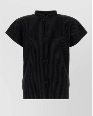 Homme Plissé Issey Miyake Polyester Shirt Button Detailing Ribbed Short Sleeves - Black